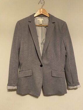 H&M Gray Long-Sleeve Blazer Jacket, Size 12, Gray with Striped Lining